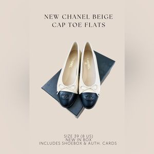 Chanel Women's Natural Beige Cap Toe Leather CC Ballet Flat, size 39 BRAND NEW!